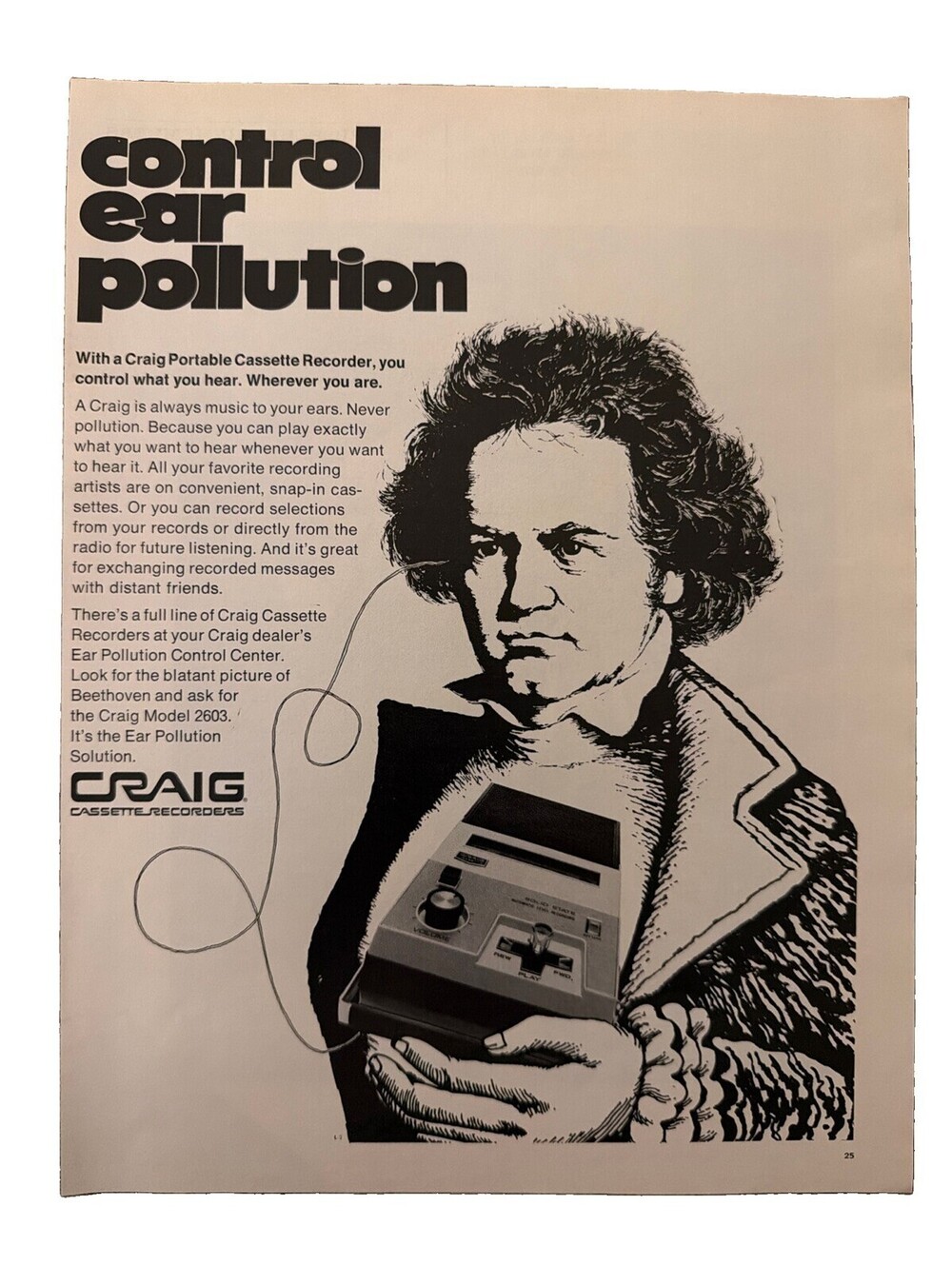 1970 Craig Cassette Records Print Ad Control Ear Pollution Ludwig Beethoven